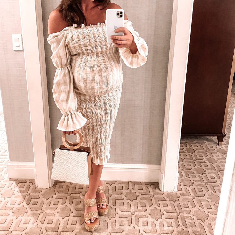 Style Struck Tan & White Plaid Off the Shoulder Ruched Midi Dress